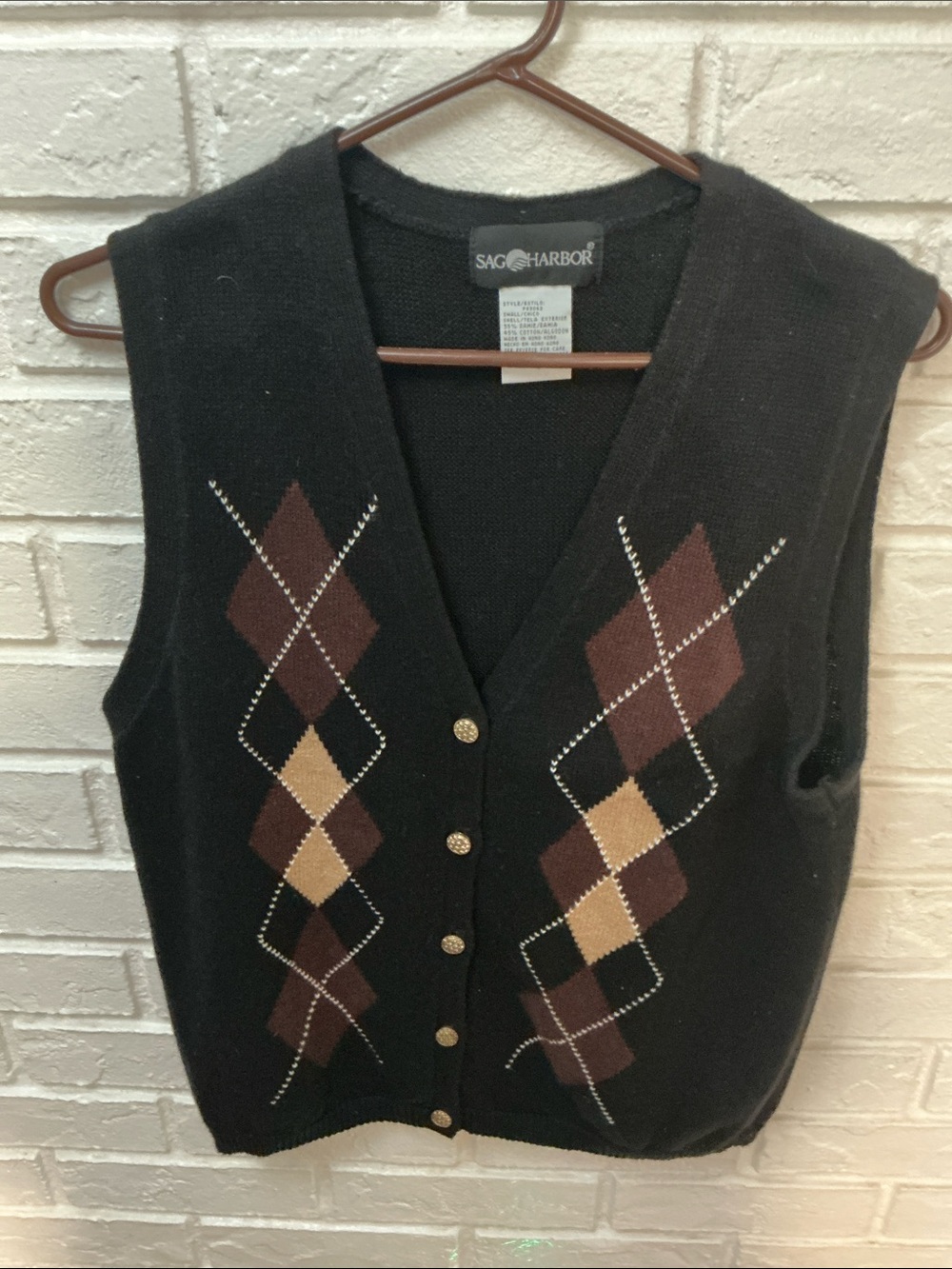 Sag Harbor Women’s Black Sweater Vest Brown/Beige Argyle Diamond Pattern Sz S